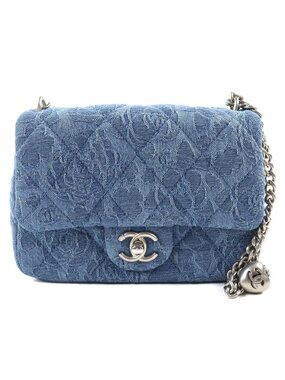 Chanel Denim Mini Quilted CC Logo Camellia Chain Shoulder Bag Indigo